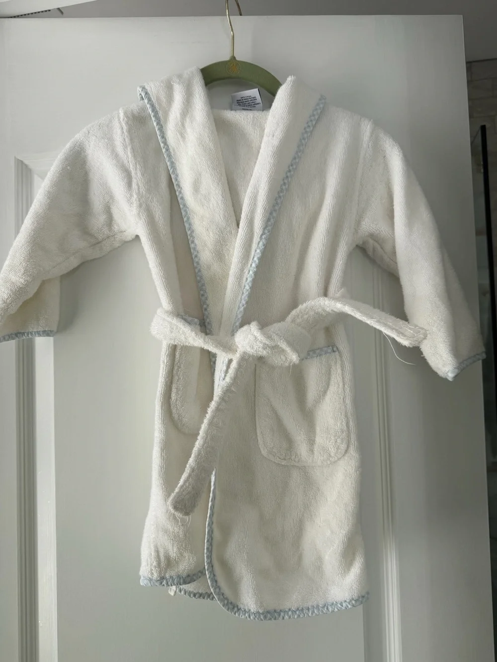 Lil Weezie Kids Hooded Terry Bathrobe 3-4Y White Blue Gingham Cotton